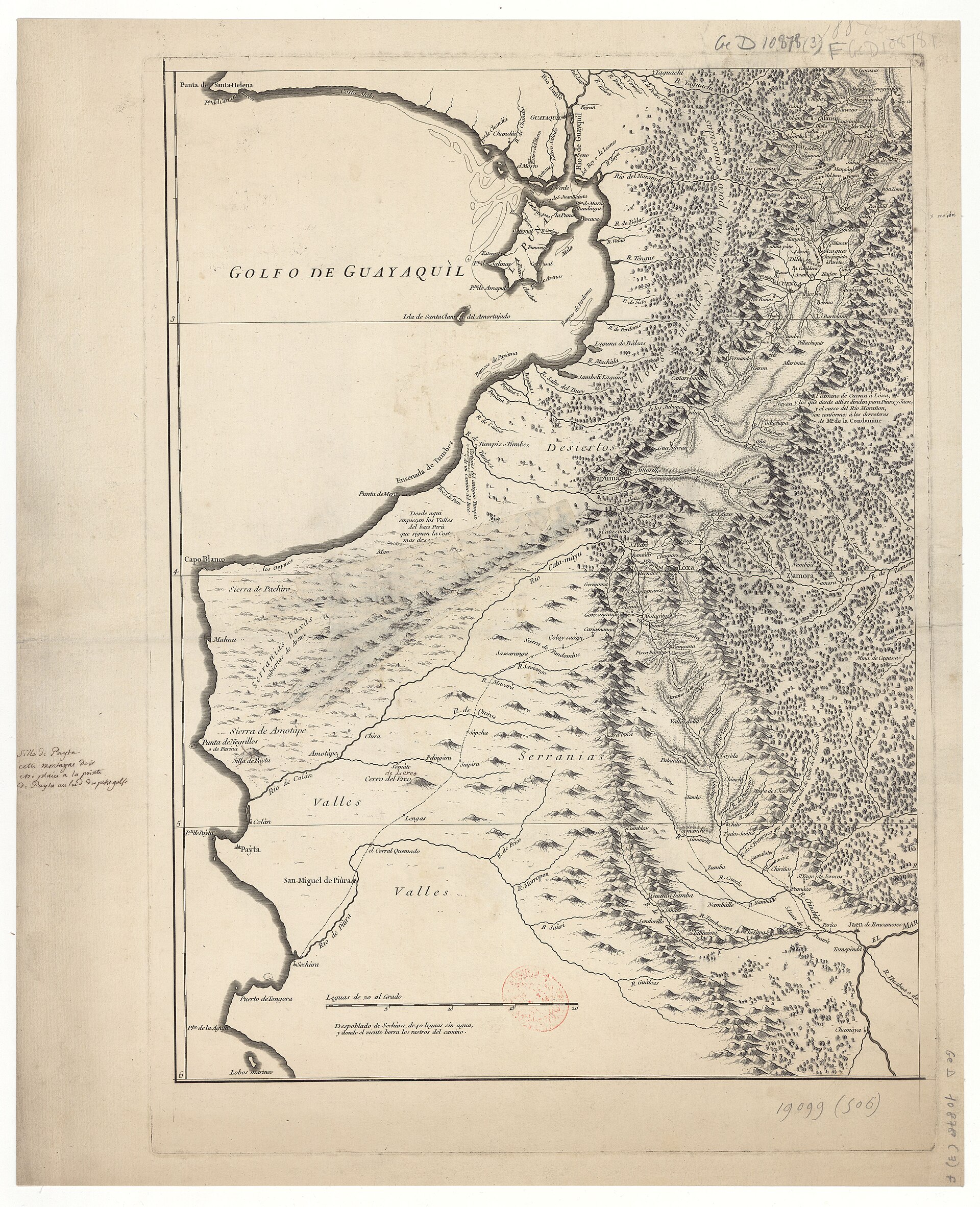 Hoja del mapa de Maldonado de 1750 con el golfo de Guayaquil, Cuenca y Loja.